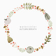 Watercolor autum wreath illustration with leaves, pumpkins, mushrooms and berries. Hand drawn fall frame for Thanksgiving invitatation, cards, logo design and other.