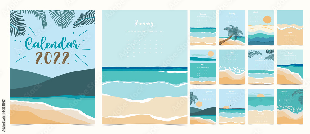 2022 table calendar week start on Sunday with beach and sea that use for vertical digital and printable A4 A5 size - obrazy, fototapety, plakaty 