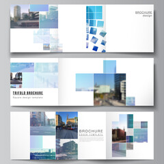 Vector layout of square format covers templates for trifold brochure, flyer, magazine, cover design, book design, brochure cover. Abstract design project in geometric style with blue squares.