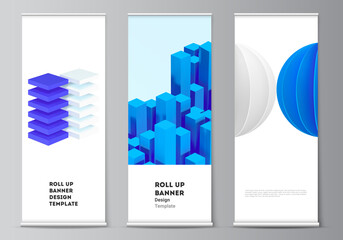 Poster - Vector layout of roll up mockup design templates for vertical flyers, flags design templates, banner stands, advertising. 3d render vector composition with dynamic realistic geometric blue shapes.