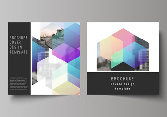 Wall Mural - vector layout of two square format covers design templates with colorful hexagons, geometric shapes,