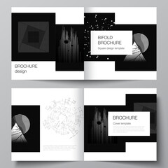 Poster - Vector layout of two covers templates for square design bifold brochure, flyer, cover design, book design. Black color technology background. Digital visualization of science, medicine, tech concept.