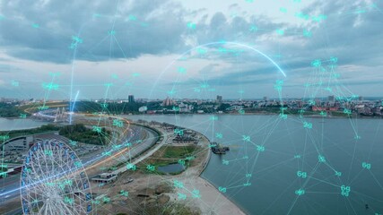 Poster - Smart City Aerial Drone Footage Hologram Information Arches Forming During Network Communication Futuristic Network and Technology 5G Drone Low Light 4k. Video loop, time lapse