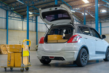 Retailer Loading Cardboard Box Into Car Trunk In Warehouse, Package Distribution, Logistics, Delivery Concept