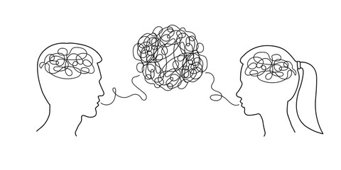 Wall Mural - Man and woman dialogue with confused thoughts in their brain. Male and female head silhouettes with convoluted mind and speech. Couple communication, relationship concept. Vector illustration.
