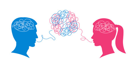 Man and woman dialogue with confused thoughts in their brain. Male and female head silhouettes with convoluted mind and speech. Couple communication, relationship concept. Vector illustration.
