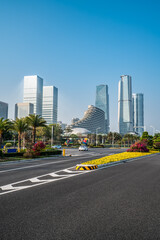 Canvas Print - Central business district, roads and skyscrapers, Xiamen, China.