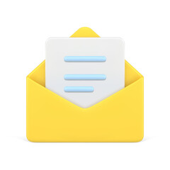 Poster - Document in yellow 3d envelope. White volumetric sheet of paper with blue text