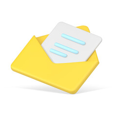 Poster - Message in yellow 3d envelope. Volumetric sheet of paper with blue text
