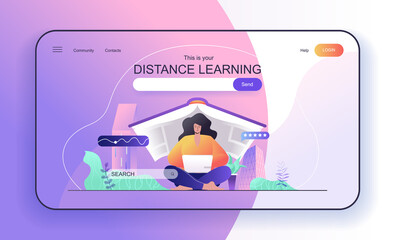Poster - This is your Distance Learning concept for landing page. Woman student studying at laptop, online education, e-learning web banner template. Vector illustration in flat cartoon design for web page