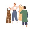 Shop assistant offering choice of trendy fashion clothes to buyer. Woman choosing and buying stylish garment during shopping. Seller and shopper. Flat vector illustration isolated on white background
