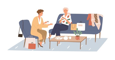 Wall Mural - Woman talking with her girlfriend in cafe, sitting by coffee table with shopping bags. Meeting of female friends at home. Women chatting. Flat vector illustration isolated on white background