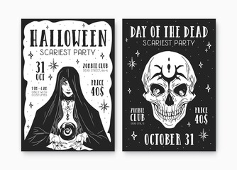 Black and white design of scary posters for Halloween party advertising. Vertical placard templates with creepy spooky gothic characters, witch and skull. Hand-drawn vector illustrations