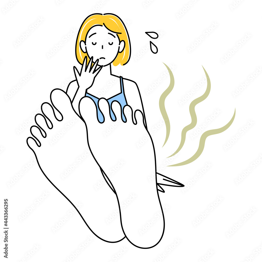 スキンケア 自分の足が臭くて驚き悲しんでいる可愛い女性 足裏のアップ イラスト ベクター Skin Care A Pretty Woman Surprised And Saddened By The Smell Of Her Own Feet Sit Cross Legged Illustration Vector Wall Mural みやもとかずみ