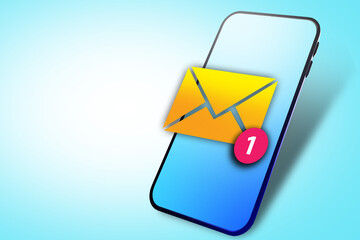 Poster - Application SMS messages. Yellow envelope symbolizes SMS. Chat apps concept. Online chat in smartphone. Sending messages via smartphone. SMS icon on phone display. Place for inscription. 3d rendering