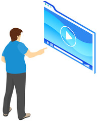 Poster - Video player on tablet near man presses buttons, presentation board. Mobile device for watching digital information movie. Male character selects video on modern blue screen, watching online tutorial