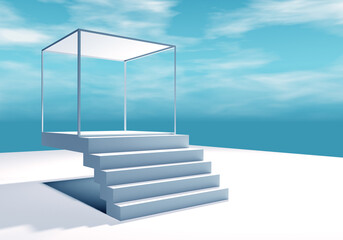 Poster - Non-standard architecture concept. White staircase leads to a cube underneath. Creative podium stand. Place to display product inside cube. Podium stand on sky background. 3d rendering.