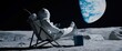 Back view of lunar astronaut opens a beer bottle while resting in a beach chair on Moon surface, enjoying view of Earth