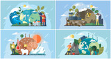 Fototapeta Dinusie - Set of illustrations about impact of human activity on environment. People use planet natural resources and try to protect Earth. Raising global temperature, climate change, ecology problems awareness