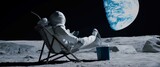 Fototapeta Kosmos - Back view of lunar astronaut opens a beer bottle while resting in a beach chair on Moon surface, enjoying view of Earth