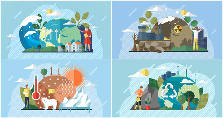 Wall Mural - set of illustrations about impact of human activity on environment. people use planet natural resour