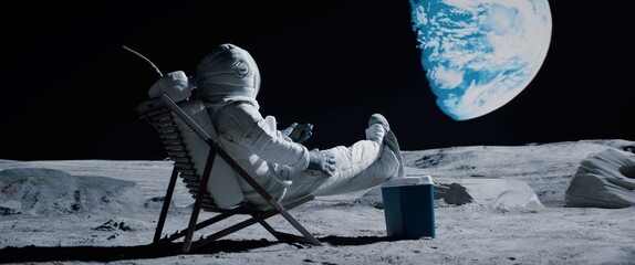 back view of lunar astronaut opens a beer bottle while resting in a beach chair on moon surface, enj