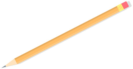 Poster - Long pencil with eraser. Sketching and painting tool on white background. Sharpened pencil for writing and working on paper. Vector illustration of orange pencil. Stationery for drawing pictures