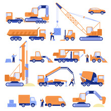 Construction Equipment And Machinery Set Isolated Objects. Bundle Of Trawl Trailer With Low Platform, Dump Truck, Crane, Bored Piling Machine, Excavator, Bulldozer, Concrete Pump. Vector Illustration