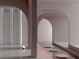 Aufkleber - Minimal scene with arches, podium  and abstract background. Geometric shapes. Neutral color, dark scene with lights and geometrical forms for cosmetic product. Shopfront, showcase, display. 3d render