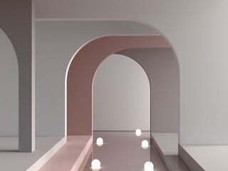 Aufkleber - Minimal scene with arches, podium  and abstract background. Geometric shapes. Neutral color, dark scene with lights and geometrical forms for cosmetic product. Shopfront, showcase, display. 3d render
