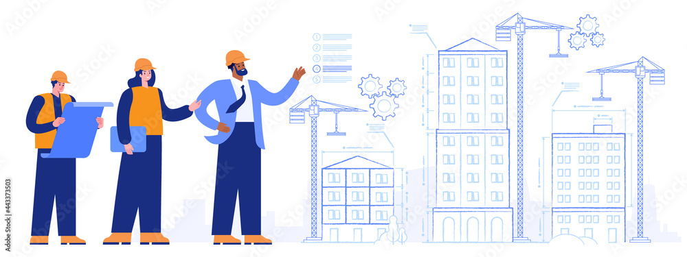 Construction site of project future house. Foreman and architects team with project plans looking at building of schematic facades with measurements. Vector illustration scene with people characters - obrazy, fototapety, plakaty 