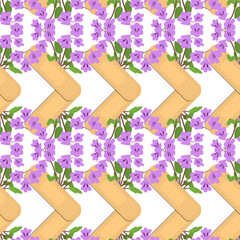 seamless pattern with sticking plasters and purple flowers. medical patch repeat texture. on white b