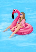 Poster Girl On A Pink Flamingo Swims In The Sea On The Beach

