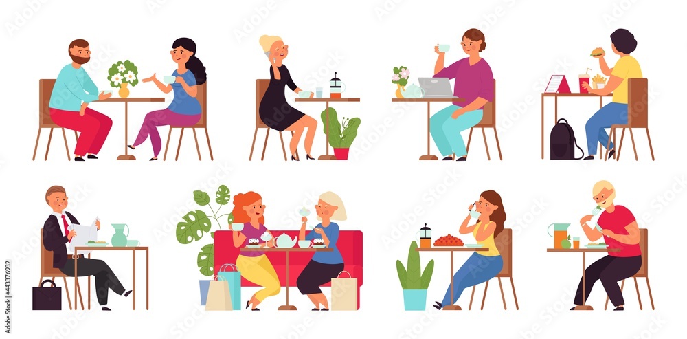 Cartoon people in cafe. Restaurant group, shopping friends drinking. Woman with laptop. Couple drink coffee, work meet on lunch decent vector scenes - obrazy, fototapety, plakaty 