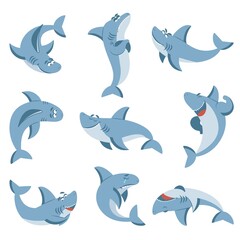 Wall Mural - Cartoon shark. Graphic sharks, cute fish for boys kids. Summer sea wild animal. Isolated ocean wildlife beach animals decent vector characters