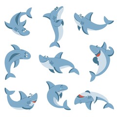 Poster - Cartoon shark. Graphic sharks, cute fish for boys kids. Summer sea wild animal. Isolated ocean wildlife beach animals decent vector characters