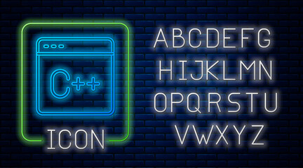 Glowing neon Software, web developer programming code icon isolated on brick wall background. Javascript computer script random parts of program code. Neon light alphabet. Vector
