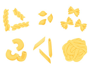 A set of different types of pasta. Penne, farfalle, fettuccine, conchiglie, gomiti rigatti, fusilli. Flat, cartoon style. Color vector illustration isolated on a white background.