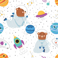 Seamless pattern with cute bear in space suit, spaceship, UFO, planets and stars. Great for nursery and children.