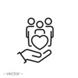 hand with heart community, icon, concept empathy or charity, solidarity love, care people, volunteer support, thin line symbol on white background - editable stroke vector illustration eps10