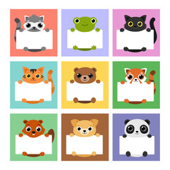  Set Cute Animals Holding Banners. Template for, memo, planner, to do listbook, note, notebook, paper cards, notes, stickers, labels.