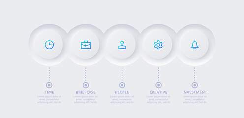 Neumorphic infographic elements. Five circles placed in horizontal row. Concept of 5 steps of business development process