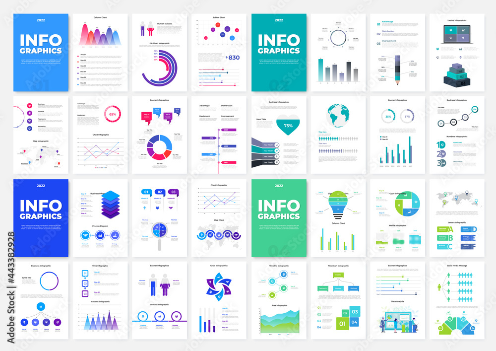 Set of four infographic brochure templates. Vertical A4 pages with charts, diagrams and workflow elements. Vector illustration for presentation or statistical report - obrazy, fototapety, plakaty 