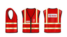 Fire Warden Safety Vest Front, Side And Back View, Red Sleeveless Jacket With Reflective Stripes For Firefighters, Waistcoat Mockup With Fluorescent Elements Realistic 3d Vector Illustration, Mock Up