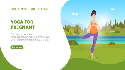 Poster - Outdoor yoga landing. Pregnant women making yoga exercises in green park fitness for healthy mother lifestyle exact vector illustration for business web page