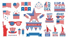 USA Independence Day Bundle. Flags, Red Blue Stars Labels And Banners. Isolated American Symbols Vector Set