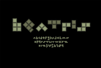 Old dark font, trendy game alphabet, bold Latin letters and Arab numbers made in mosaic retro style, vector illustration 10eps