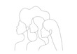 Women of different races standing together. Profile silhouettes of three female characters with varaious hairstyles. Minimal line art style illustration. Feminist movement concept