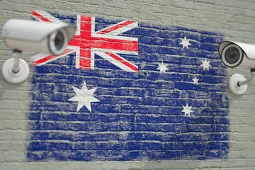 CCTV cameras and wall with flag of Australia. Surveillance related 3D rendering