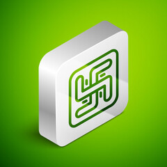 Sticker - Isometric line Hindu swastika religious symbol icon isolated on green background. Silver square button. Vector